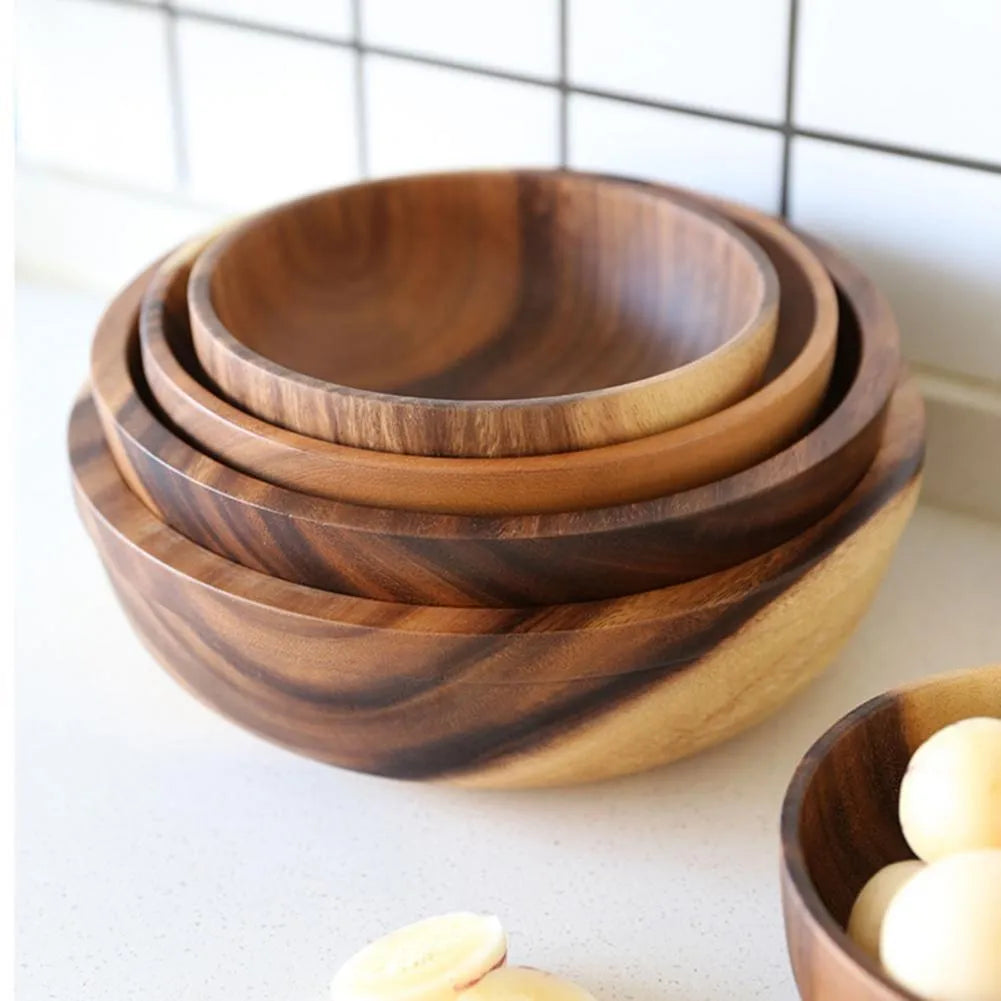 Natural brown wooden bowl with wood grain, overglaze finish, 12x6cm, on a table