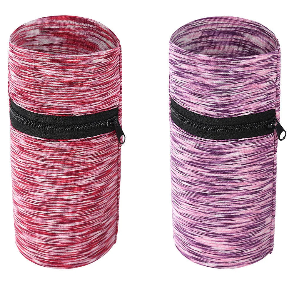 Polyester sports arm bag for mobile phones shown in multiple colours including striped patterns, worn on the arm.