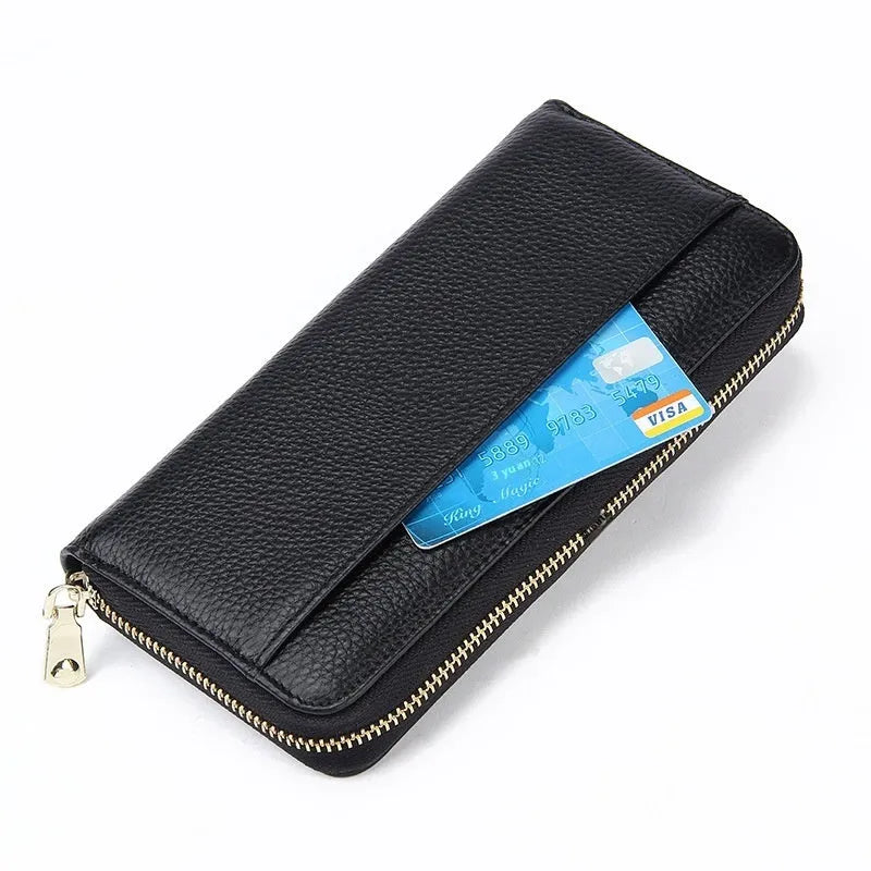 Women's genuine leather RFID anti-theft wallet in six colour options showing interior card slots