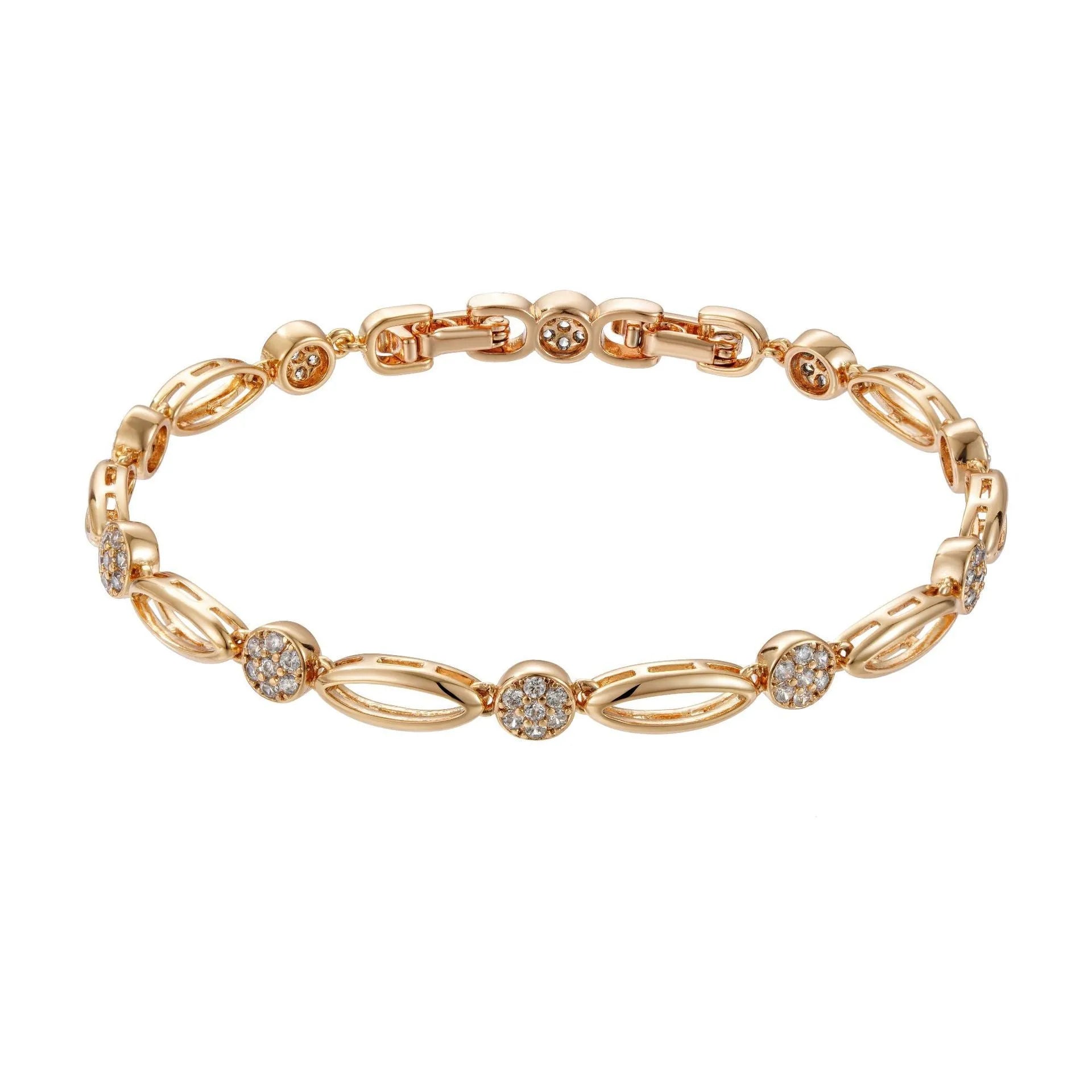 Golden hollow carved copper bracelet in a U-shape for women, showing detailed openwork design.