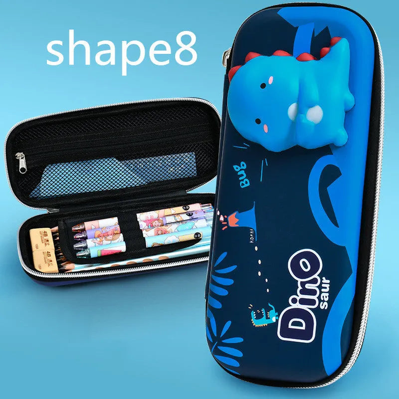 Hard EVA 3D decompression pencil case in square shape with cartoon dinosaur design.
