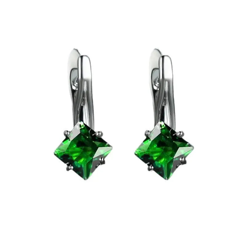 Pair of women's copper earrings with diamond design and inlaid zircon stones in blue, green, or natural colour options.
