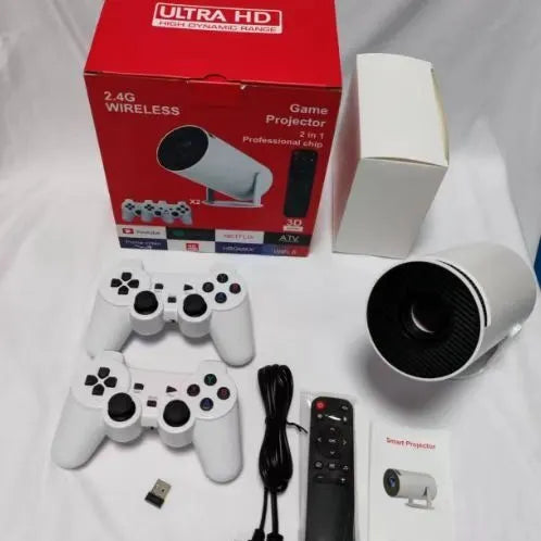 M300MAX portable projection game machine with handles in red or white packing box showing 720p HD resolution specification