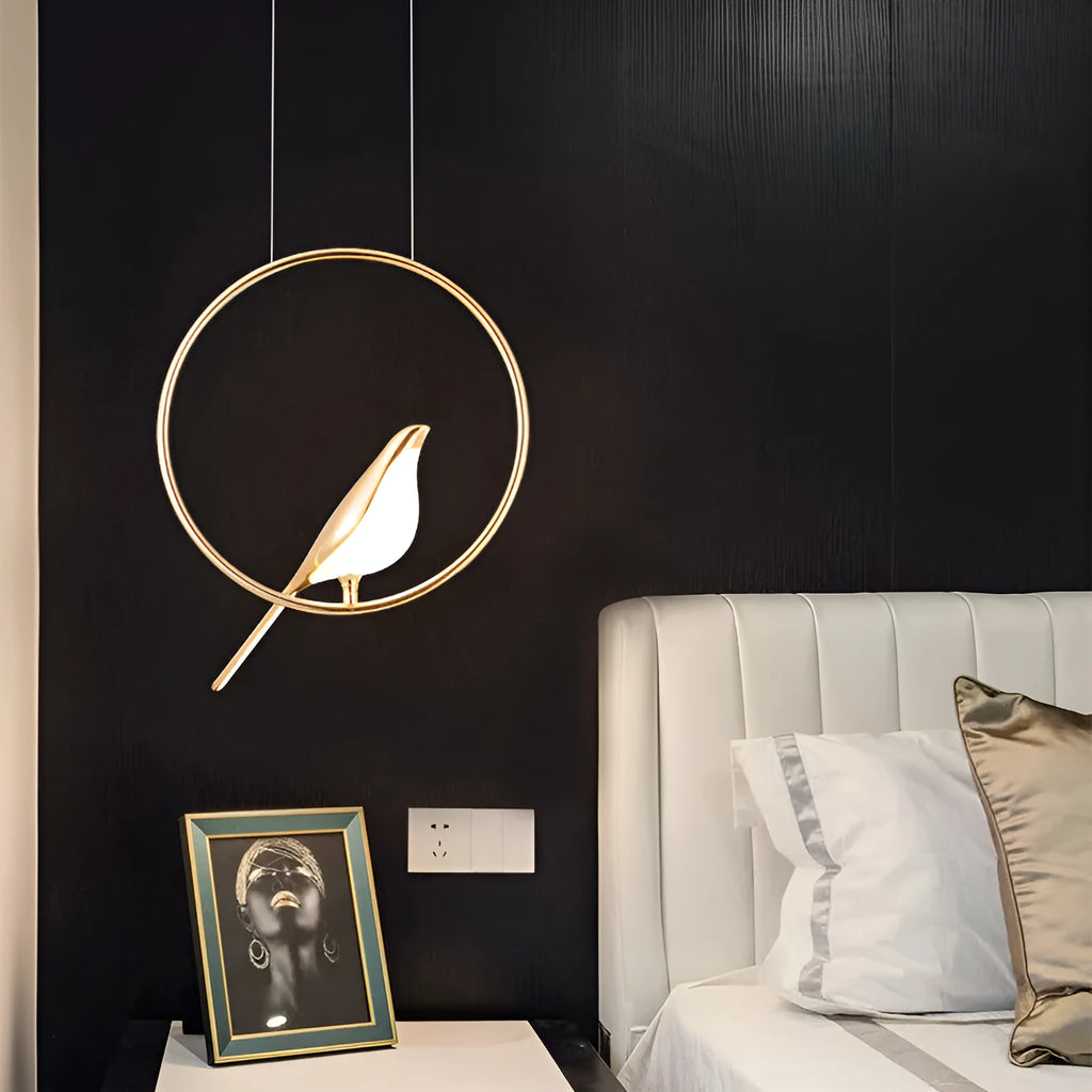 Modern minimalist magpie bird chandelier ceiling light in zinc alloy and acrylic.