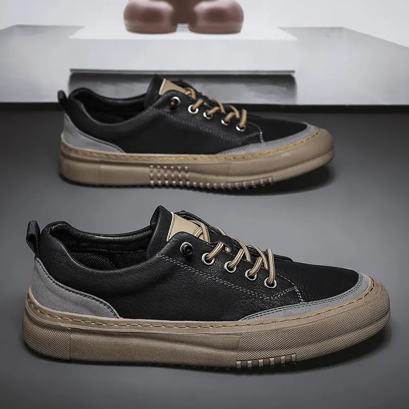 Men's round toe board shoes in black or khaki with lace-up design and rubber sole