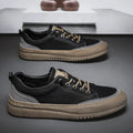 Men's round toe board shoes in black or khaki with lace-up design and rubber sole