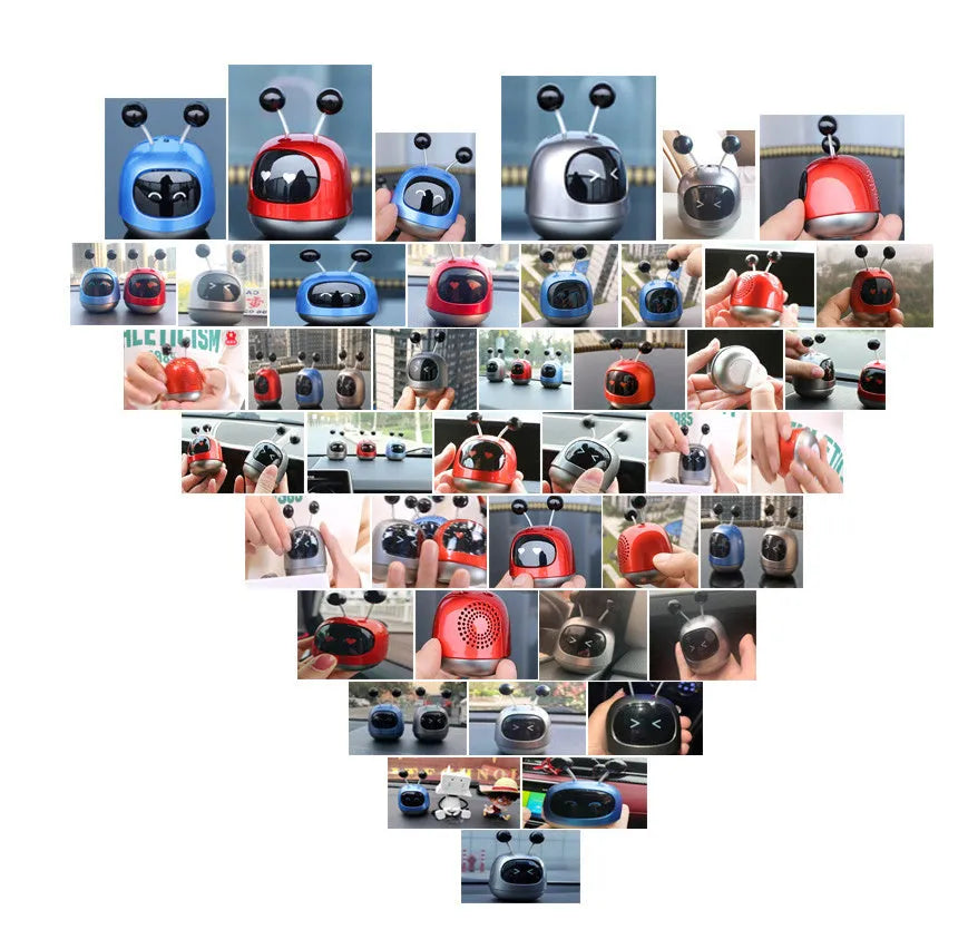 Robot-shaped car vent air freshener ornament in blue, grey or red with gel fragrance.