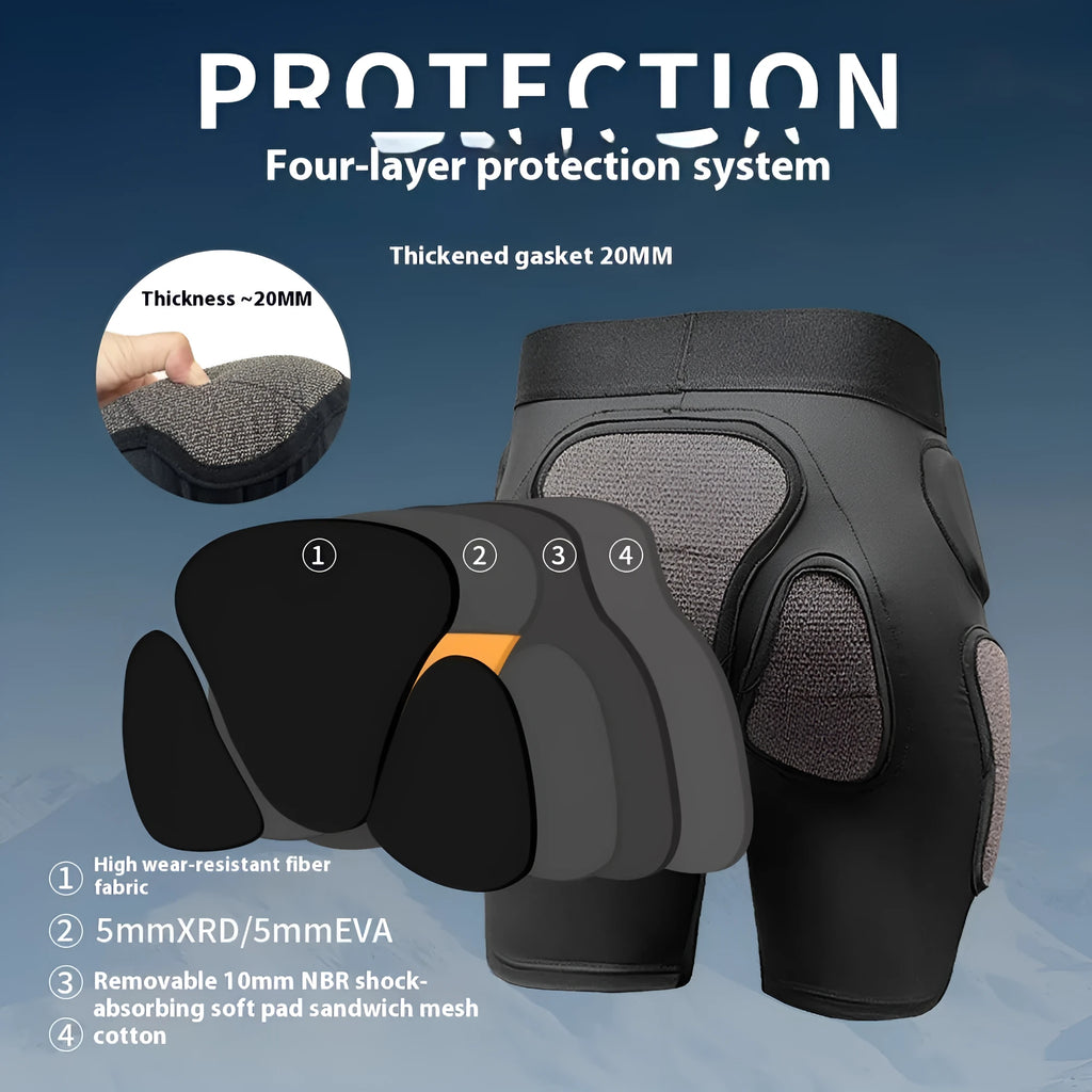 X-ray diffraction skiing protective gear set showing hip pads and knee pads for anti-fall cushioning