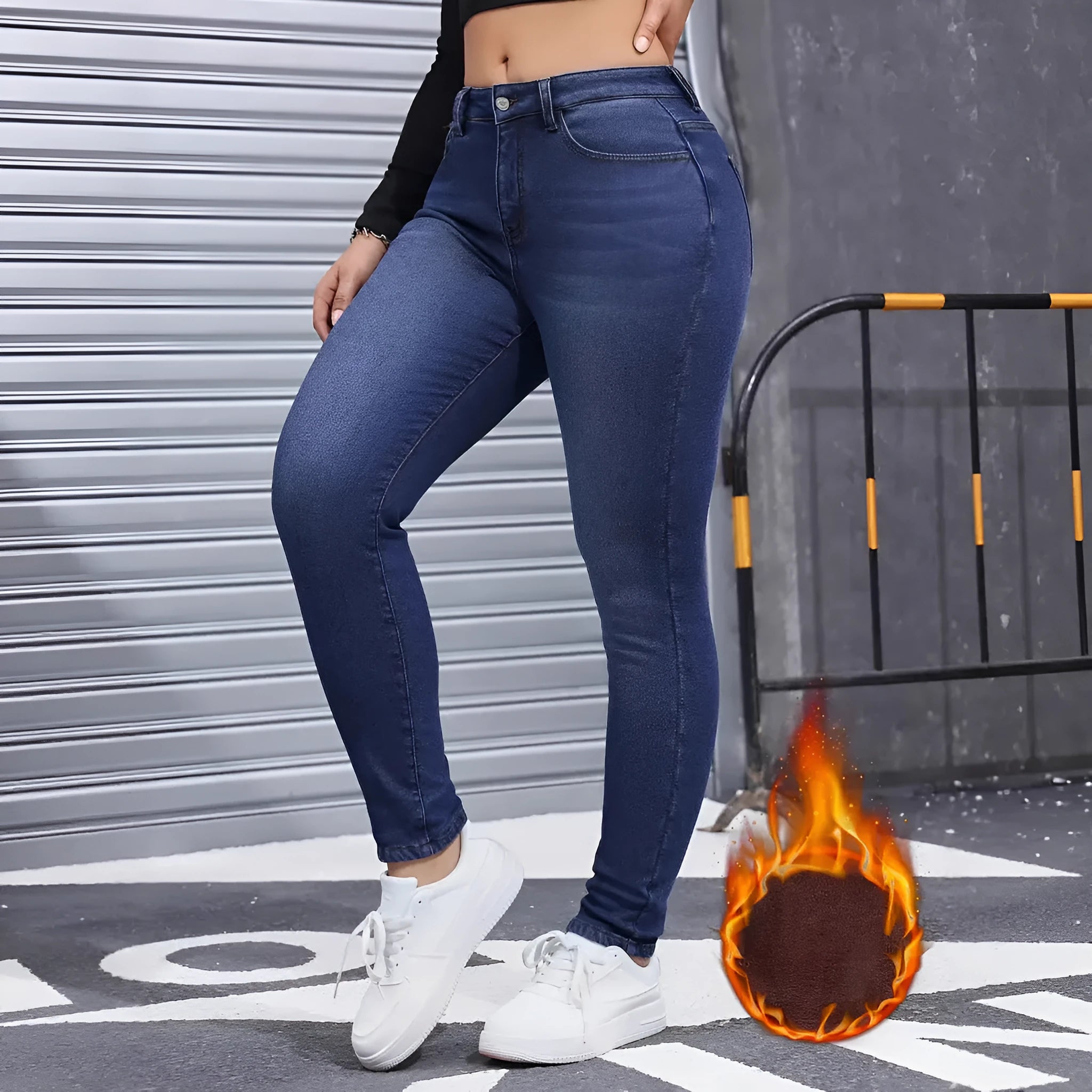 Blue women's brushed elastic skinny jeans cotton denim mid waist pencil pants autumn winter