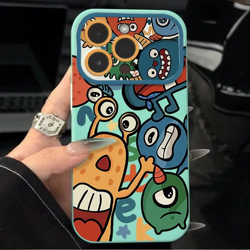 Cartoon little monster silicone phone case with mirror finish in orange colour for iPhone 14