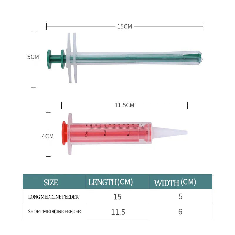Two soft-tip pet pill shooter syringes for cats and dogs on a white background.