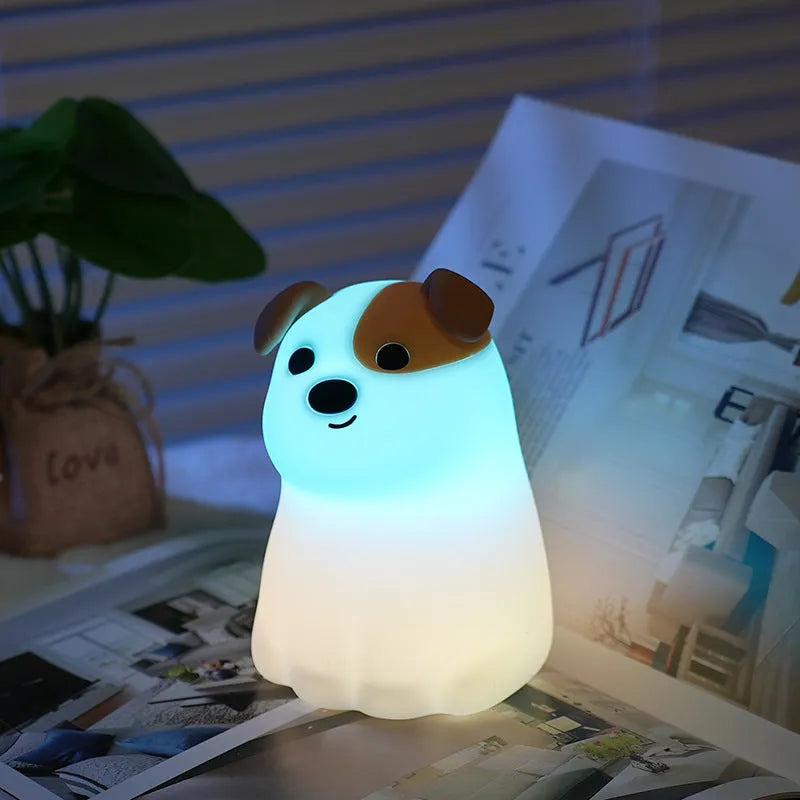 Fashion silicone puppy dog pat night light with built-in battery and Type-C charging on a table