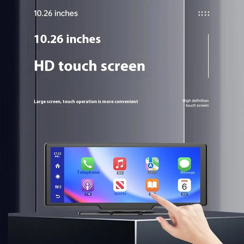 10-inch Carplay car smart screen and driving recorder with rear view camera on dashboard