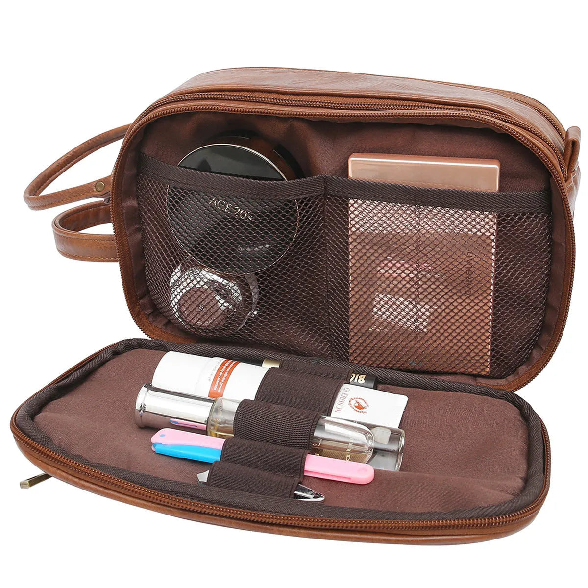 Black men's PU toiletry bag with zipper open, showing interior.