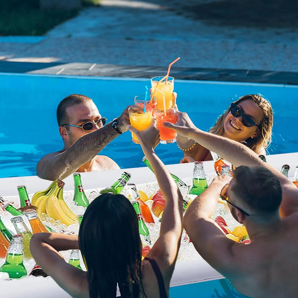 Inflatable PVC ice bar for parties shown with cup holder and beer stein bucket accessories.