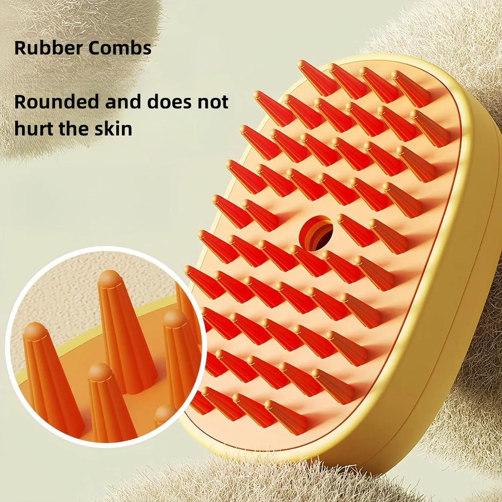 White pet steam brush with silicone comb teeth and water tank for dog and cat grooming