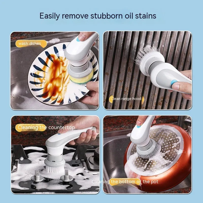 Cordless electric cleaning brush with multiple brush heads in white gray or purple options
