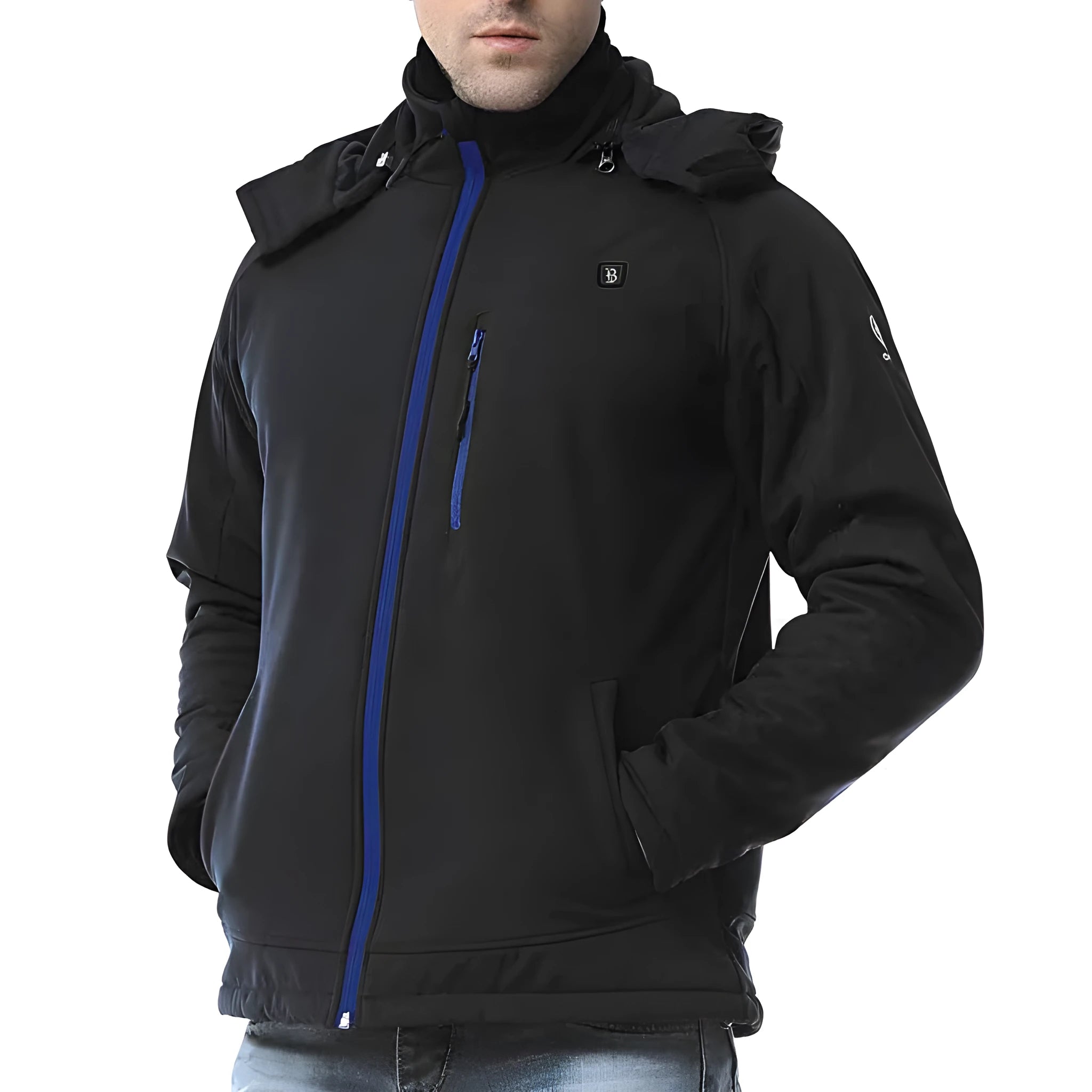 Black men's long sleeve waterproof winter coat with USB heating port and zipper pockets.