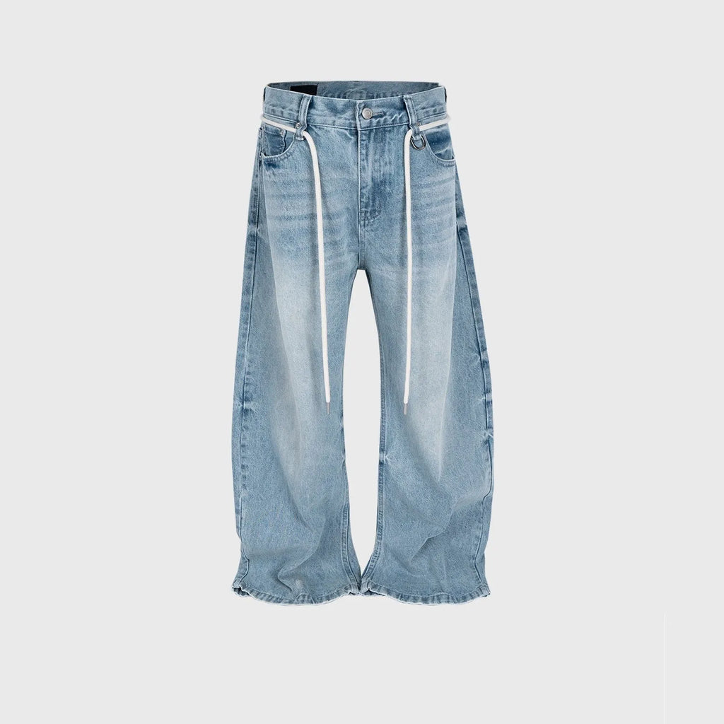 Blue vintage washed retro jeans with a drawstring belt and straight-leg fit