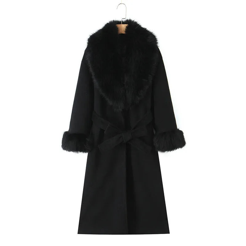 Big fur collar belt wool coat long jacket for women, pattern colour, front view with fur collar and belt