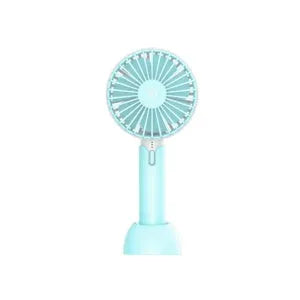 Blue handheld mini USB fan with 3-speed buttons on a desktop.