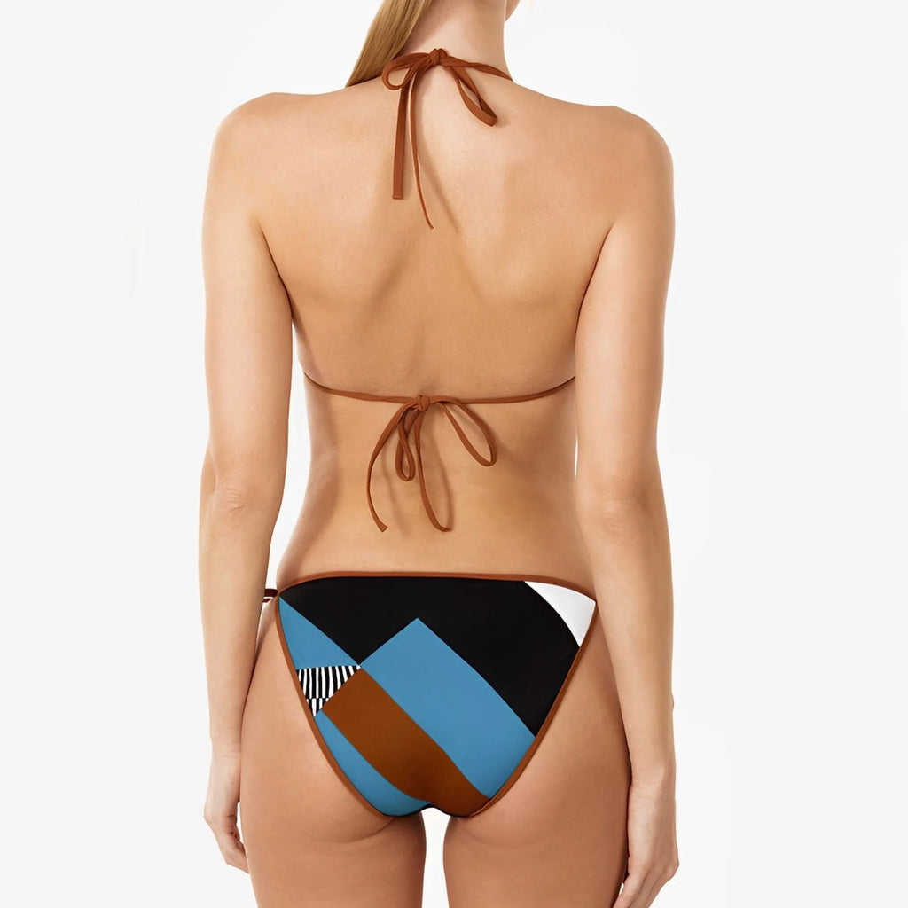 Women's skinny print split bikini set in polyester, showing backless design and tight fit.