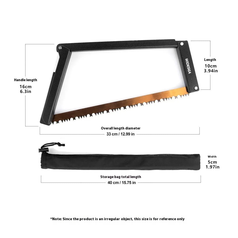 Black outdoor foldable survival saw with aluminium handle shown in open and closed positions.