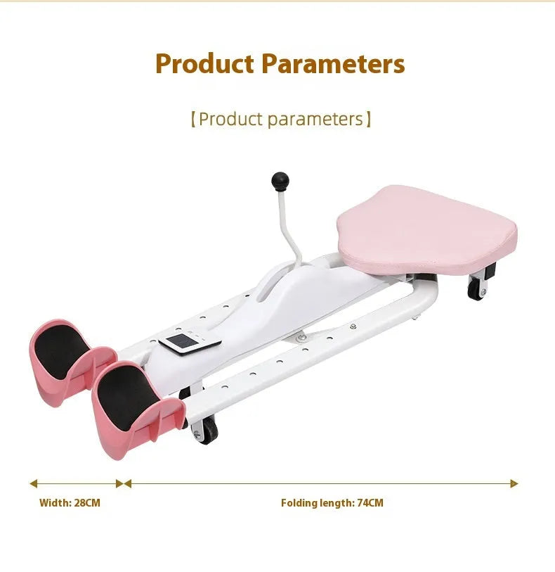 Pink leg stretching equipment with steel frame and foam padding for flexibility training