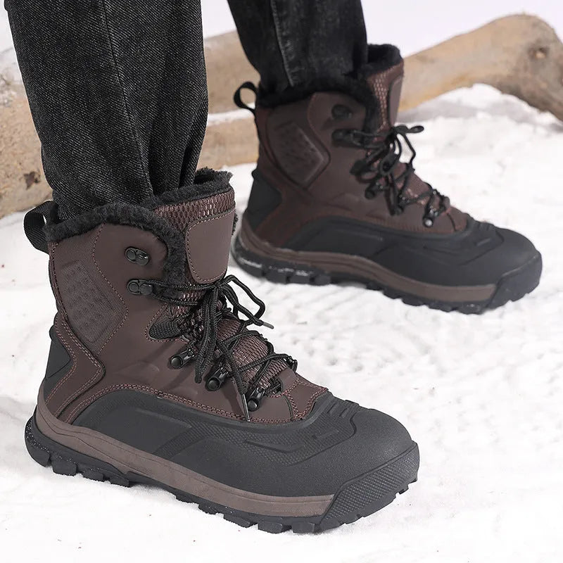 Men's black high-top winter boots with fleece lining and lace-up front on a ribbed TPR sole.