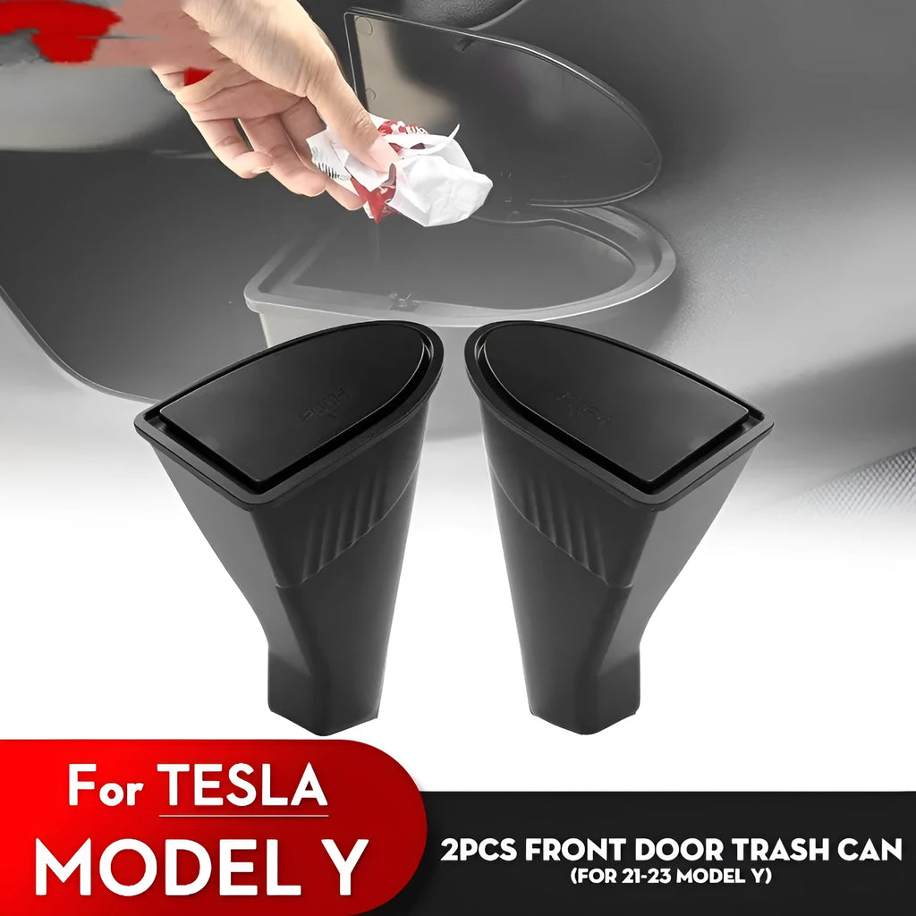 Two black ABS plastic car door storage bins designed for Tesla Model Y front door pockets.