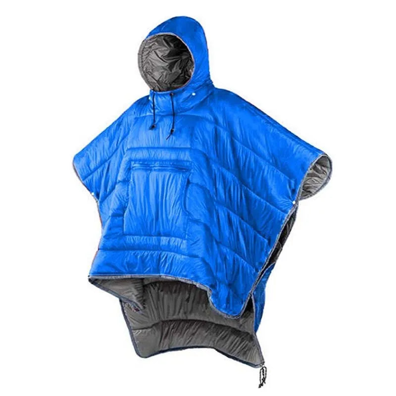 Outdoor wearable cloak sleeping bag in army green or grey, shown as a blanket and cape.