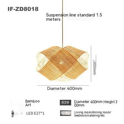 Bamboo woven rattan ceiling lamp with adjustable suspension in New Chinese style
