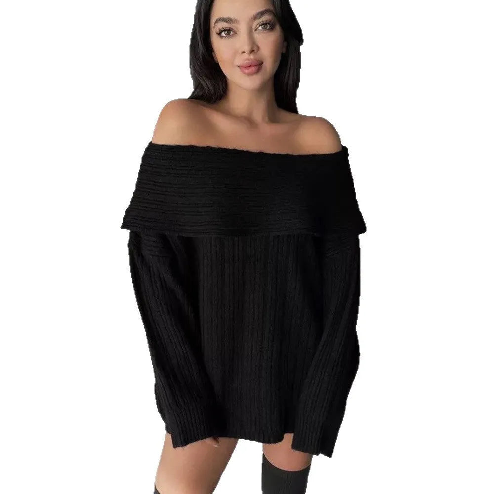 Women's loose-fitting acrylic pullover sweater in off-neck design with long sleeves