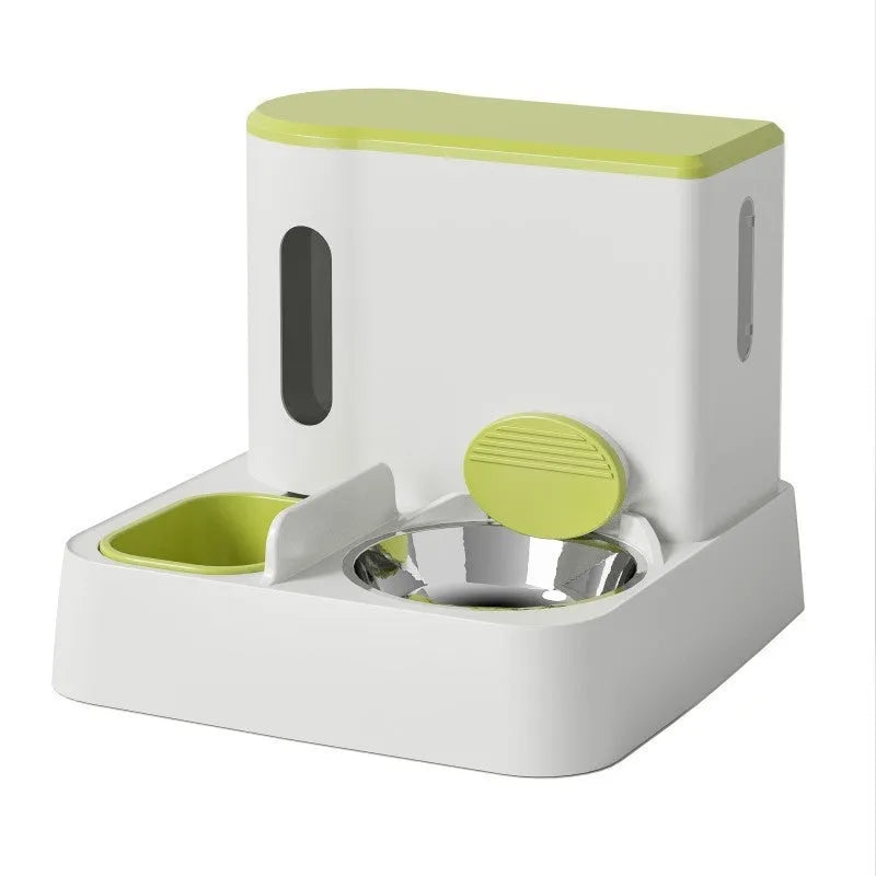 Automatic cat feeder with integrated water dispenser and double bowl system in grey colour