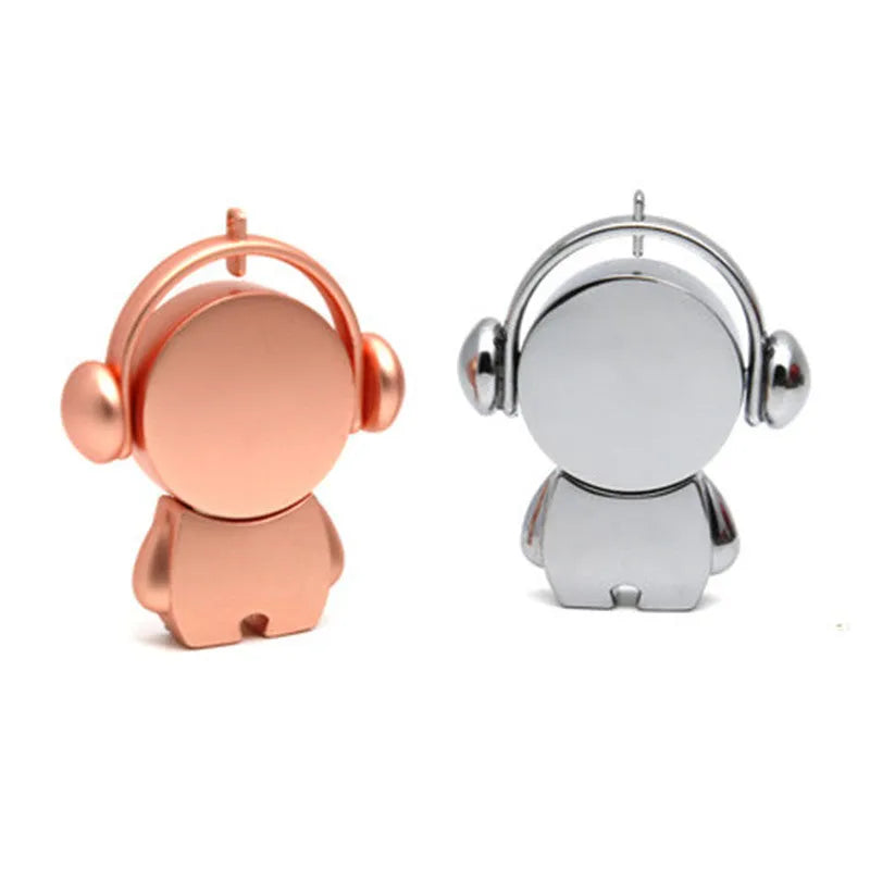 Silver metal USB flash drive with musician cartoon design showing compact dimensions