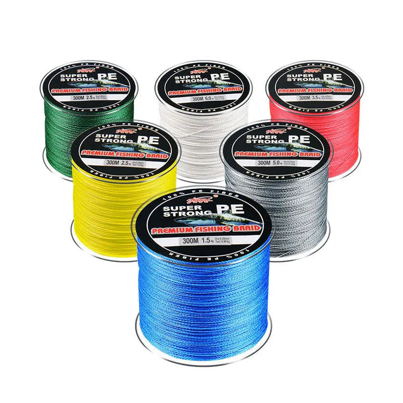 Spool of Dali Mayu 300 metre PE braided fishing line in a selected colour with labelled line strength.