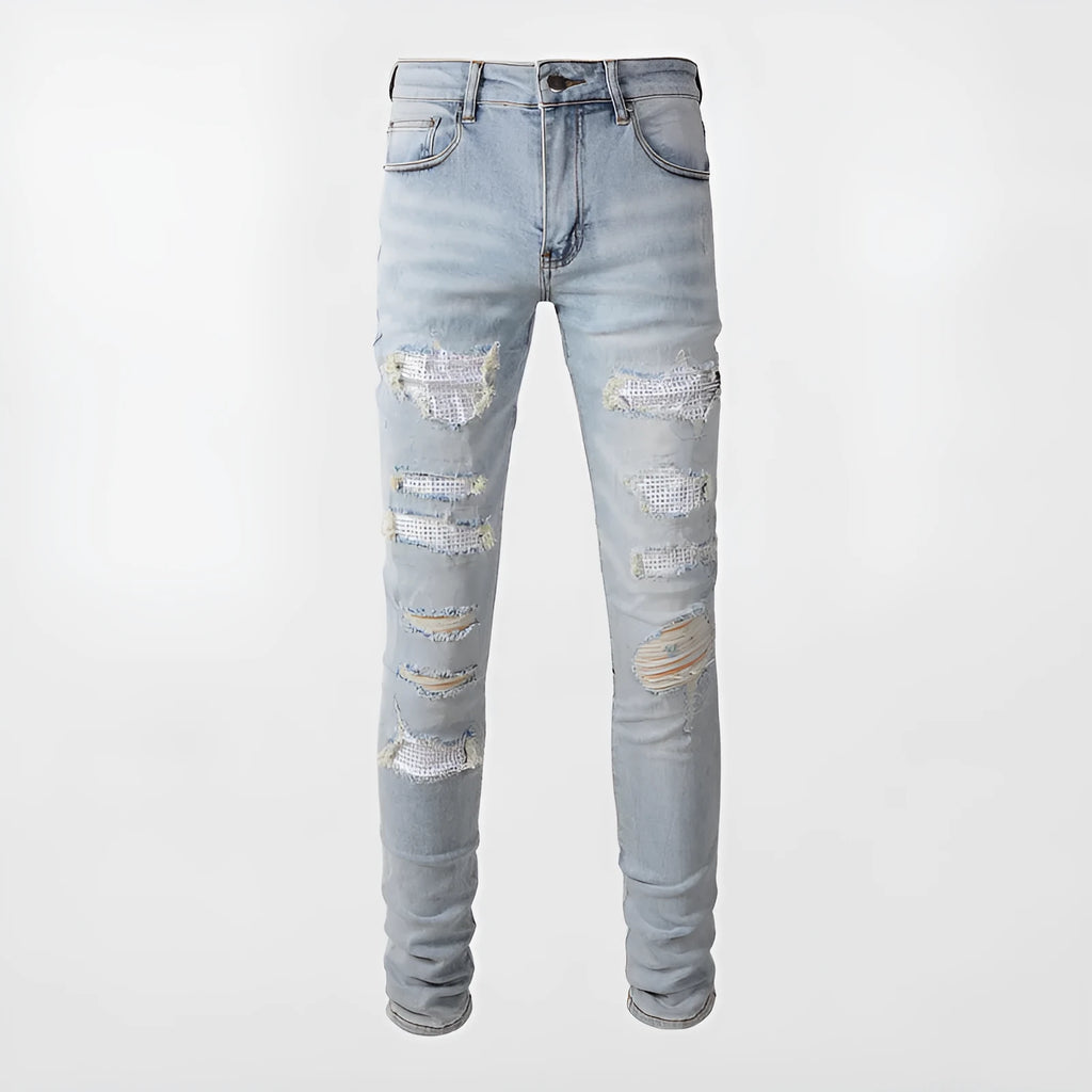 Light blue slim fit stretch men's jeans with distressed details and diamond patch pocket