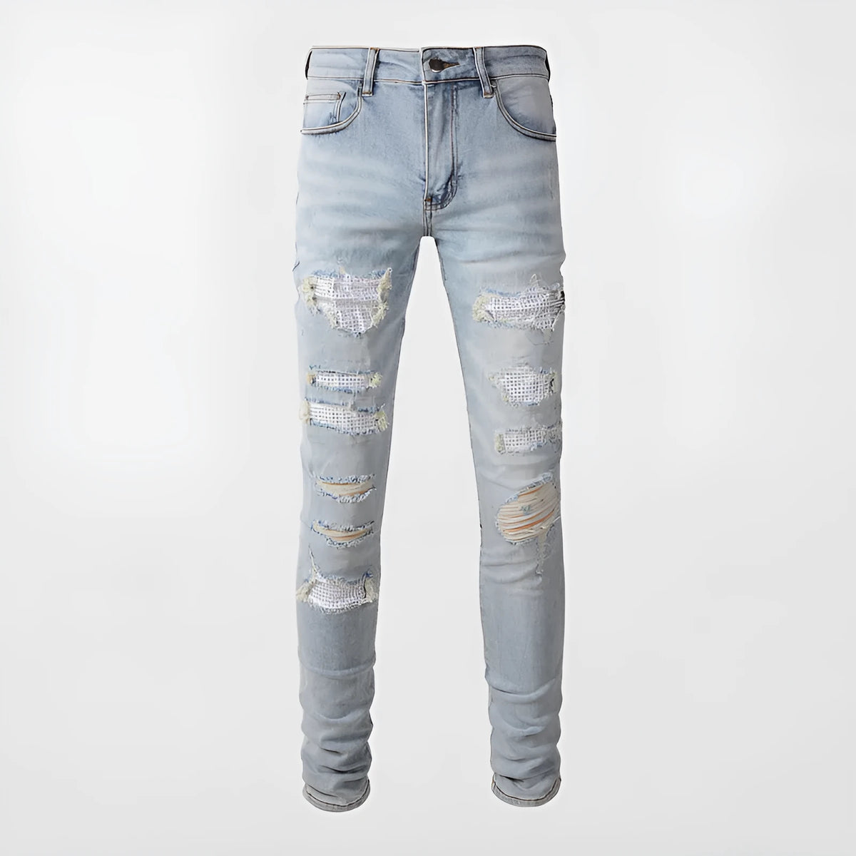 Light blue slim fit stretch men's jeans with distressed details and diamond patch pocket