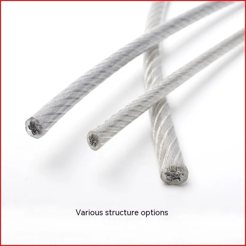 Coiled 304 stainless steel security wire rope with multiple diameter options on a white background.