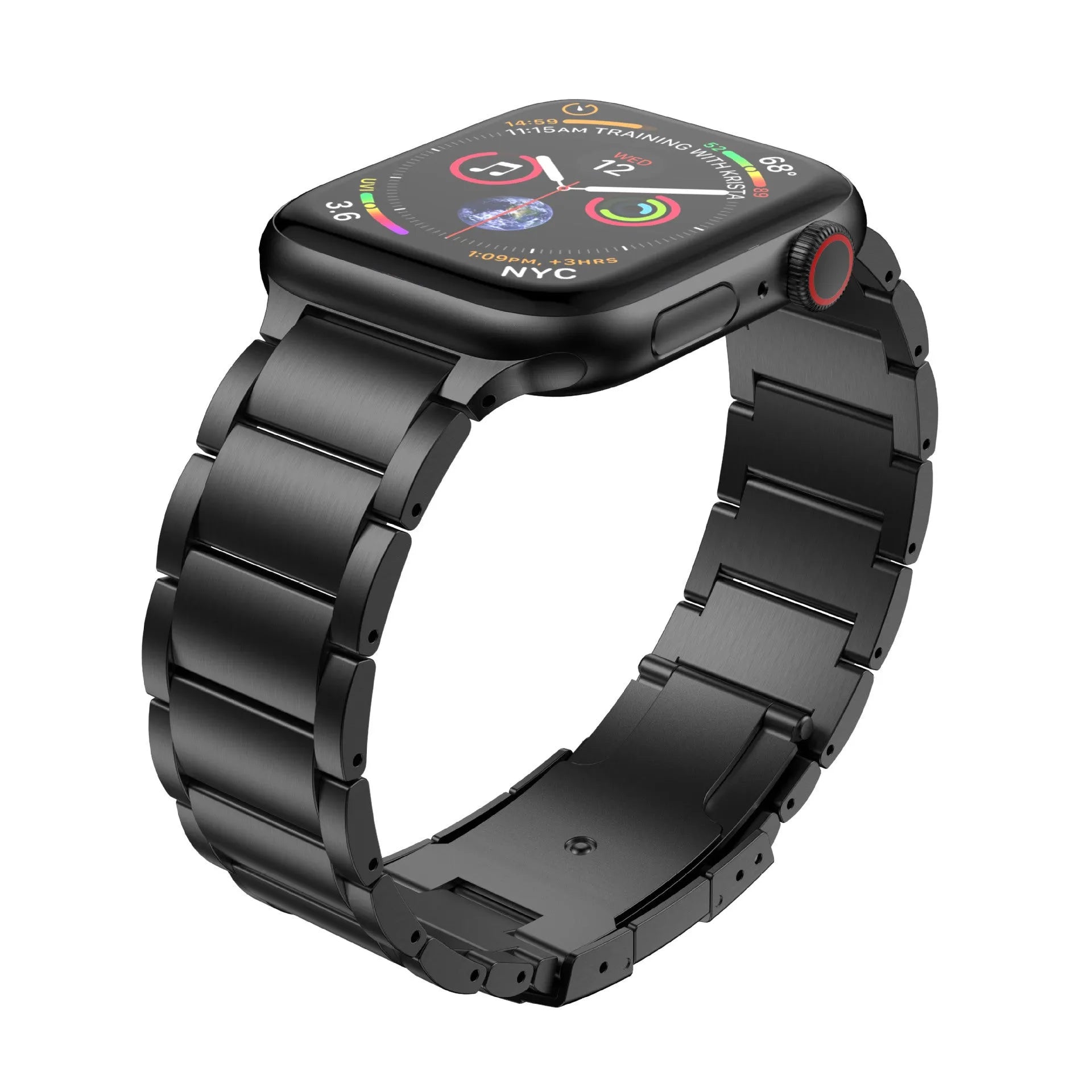 Black titanium metal Apple Watch band with a folding buckle on a table