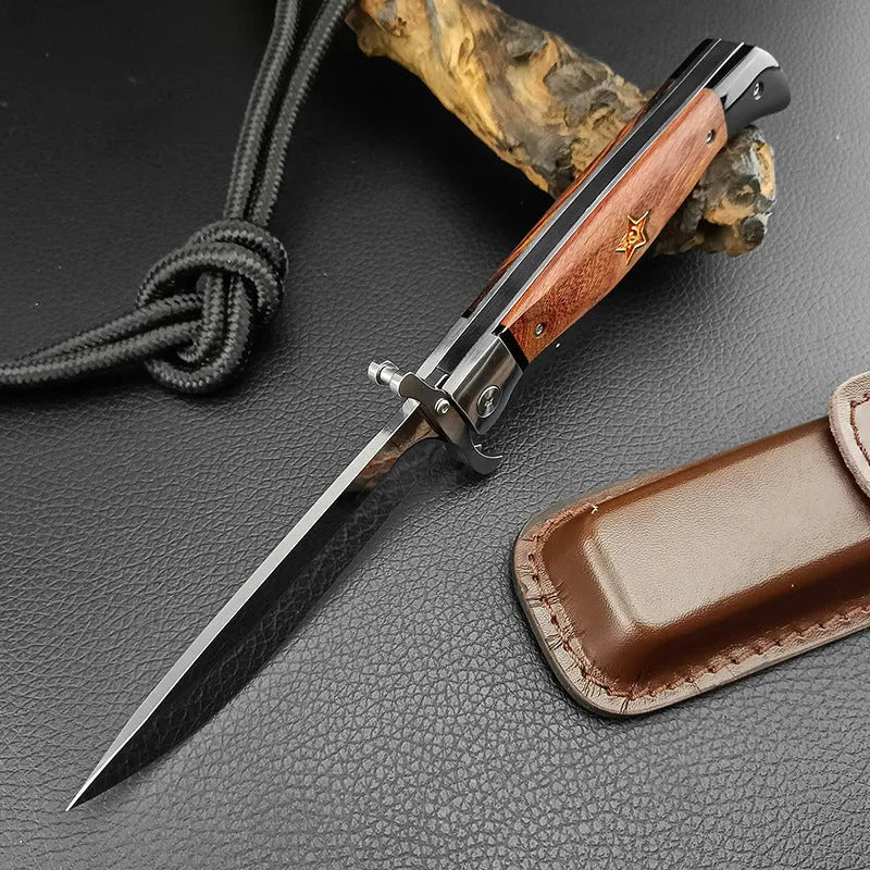 Multi-function folding knife with 440C blade and sandal wood handle on cowhide sheath