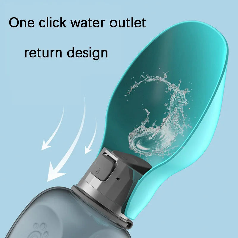 Blue grey portable dog water bottle with foldable drinking bowl extended, showing lock key.