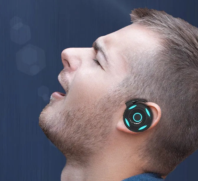 Black and white wireless Bluetooth gaming earphones with over-ear hanging design