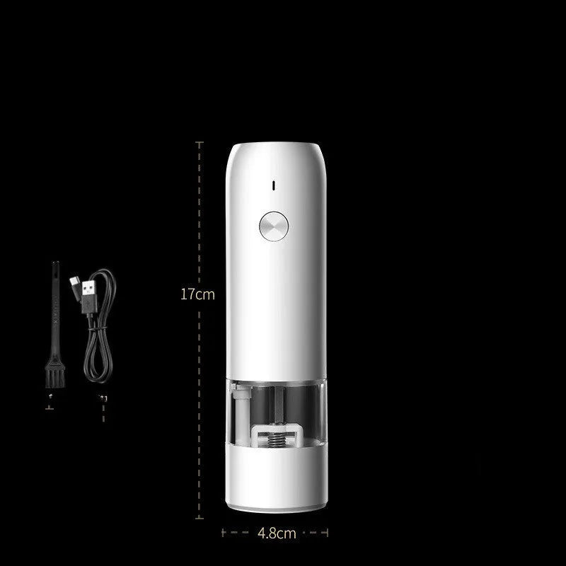 Clear acrylic electric pepper and salt grinder set with USB cable, shown with ceramic grinding core.