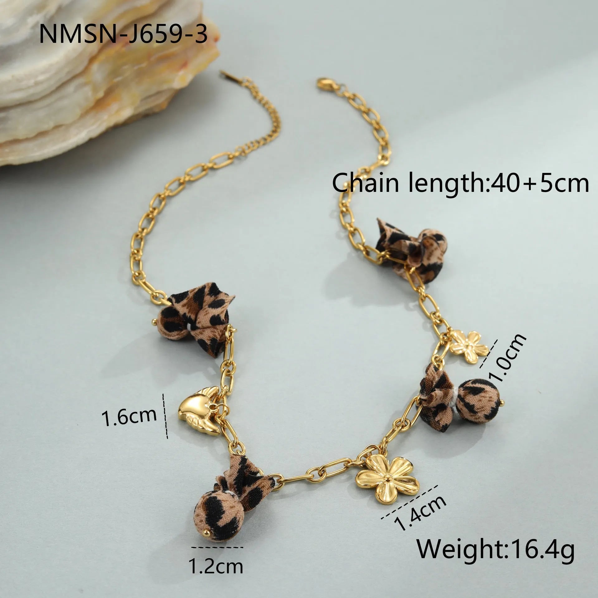Stainless steel necklace with geometric leopard, hearts and flowers pendant on adjustable 41-50cm chain