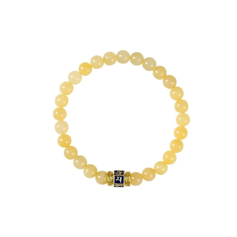 Hand-woven yellow jade topaz bracelet with 6mm mantra beads and fu character retro design