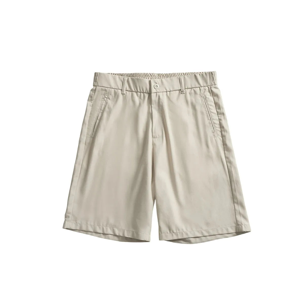 A man wearing loose-fit apricot casual shorts made from a cotton blend fabric.