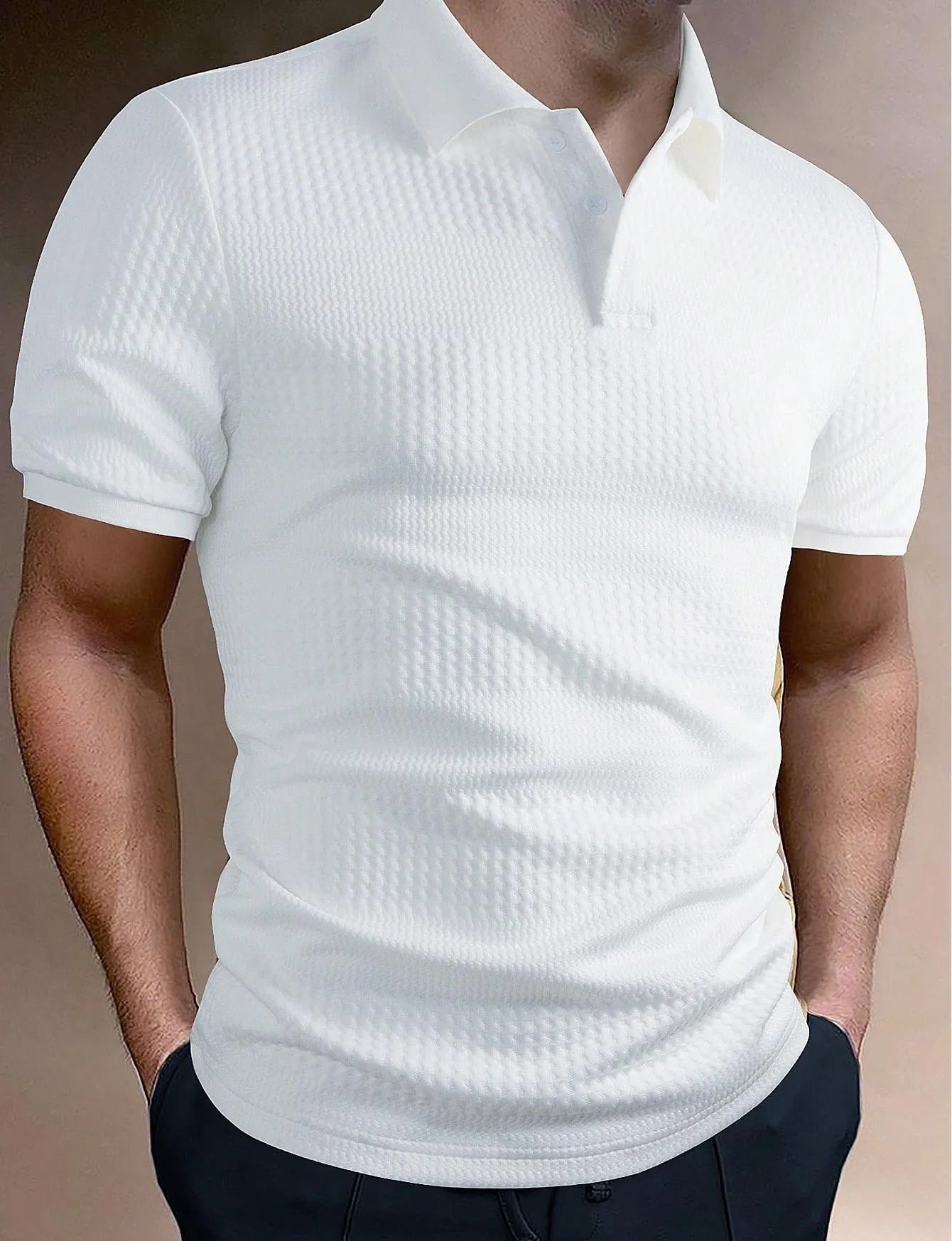 Striped men's polo shirt in loose fit design with short sleeves, shown in multiple colour options