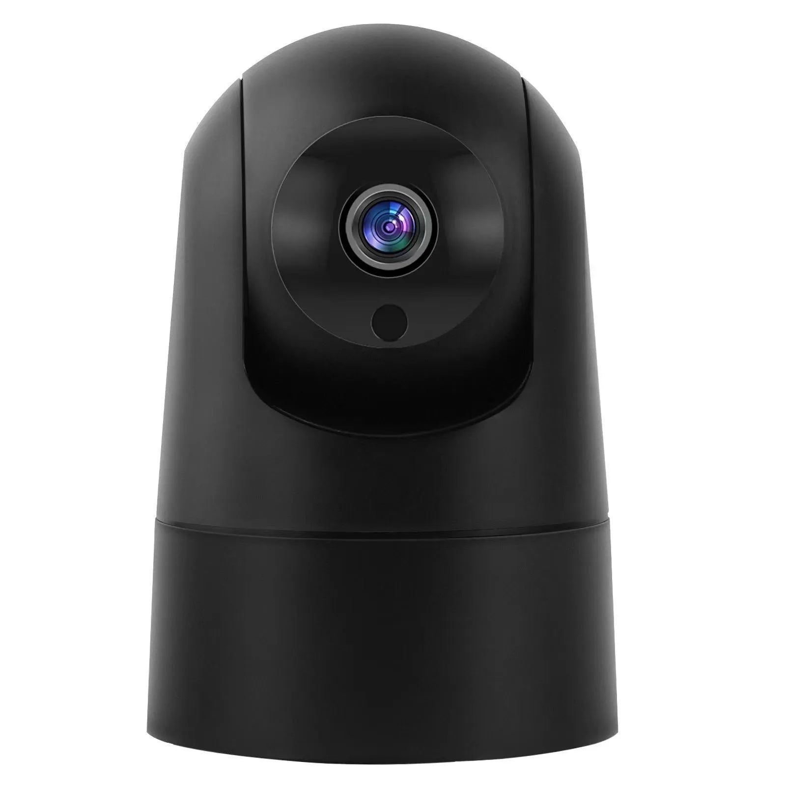 White indoor 5G security camera with tilt head on a desk next to EU UK US power plugs.