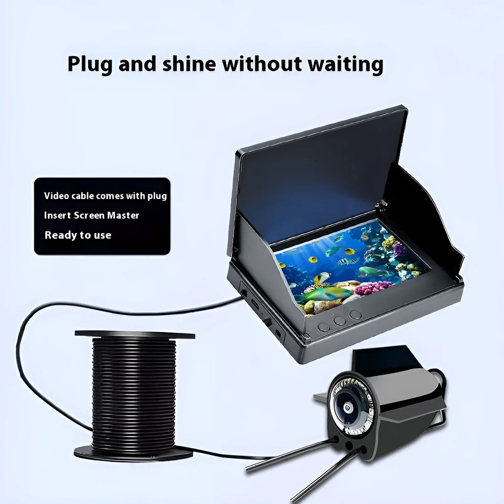 Underwater HD fish finder camera system with screen, featuring a wide-angle lens, night vision lights, and temperature sensor.